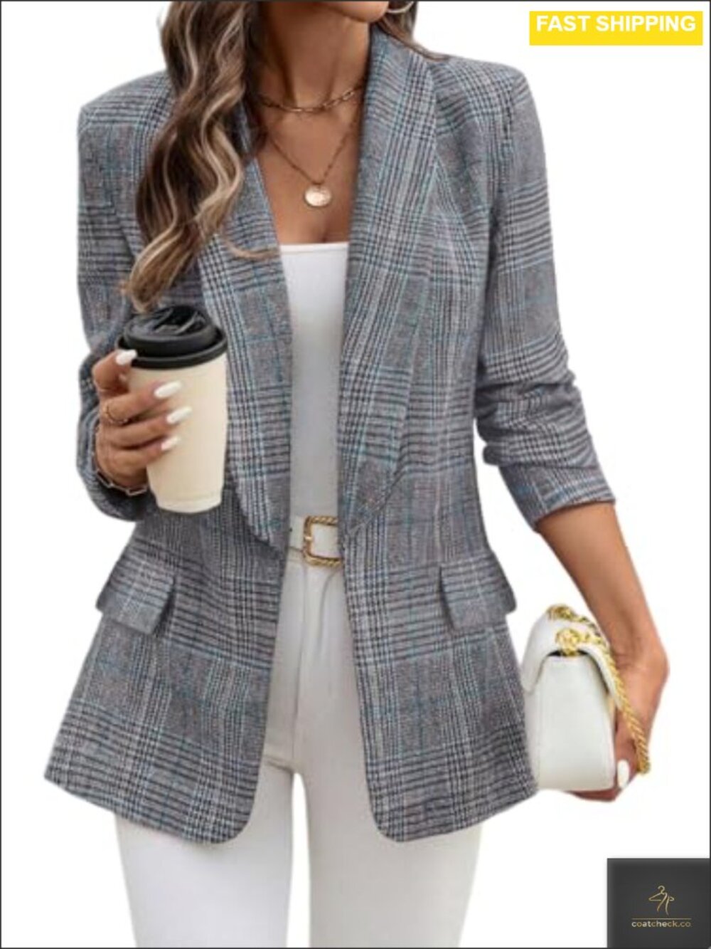 Women's Shawl Collar Plaid Blazer Open Front Business Casual